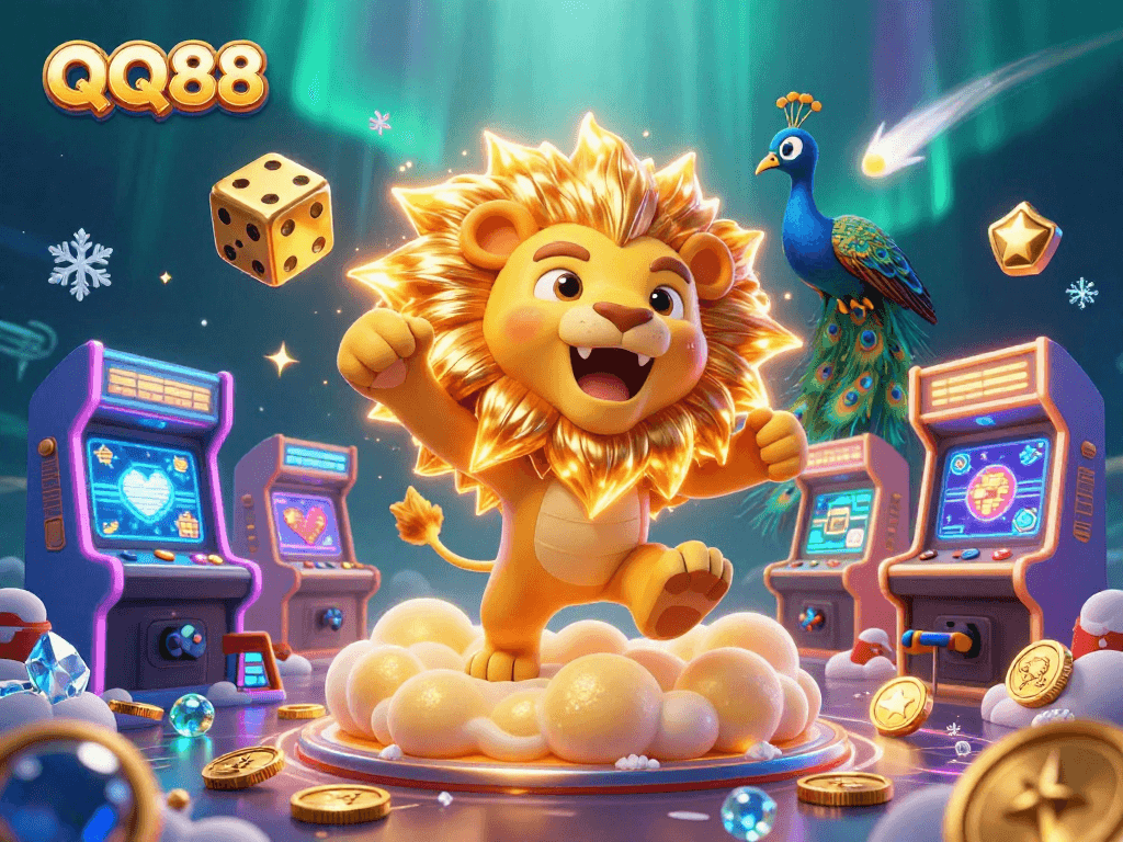 Join QQ88 for thrilling gaming adventures with a vibrant 3D casino illustration featuring playful characters.