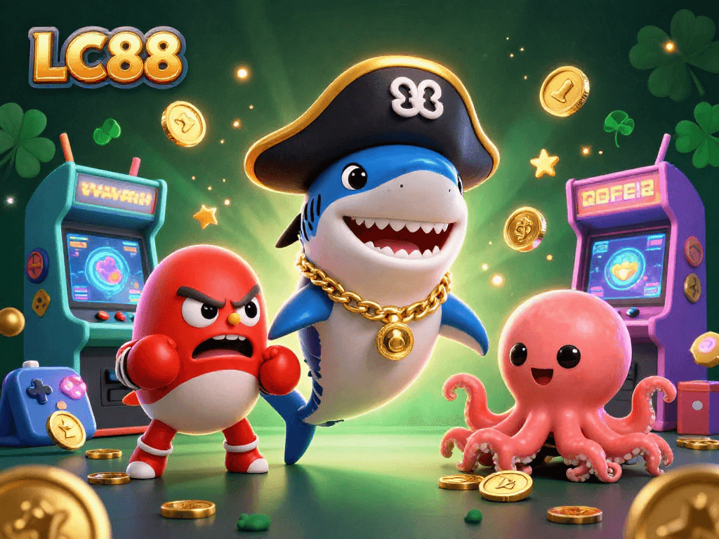 Experience the thrill of LC88 with a vibrant 3D casino illustration featuring fun characters and gaming elements.
