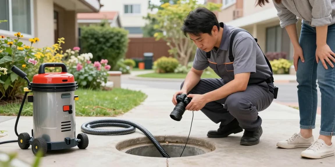 Blocked drain London being inspected by a professional drainage engineer in a residential garden.
