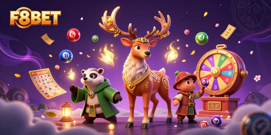Engage with F8BET's thrilling atmosphere through an enchanting lottery-themed 3D scene.