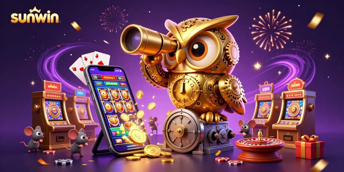 Experience the thrill of sunwin with a golden owl observing a bustling casino scene filled with wind-up mice and gaming action.