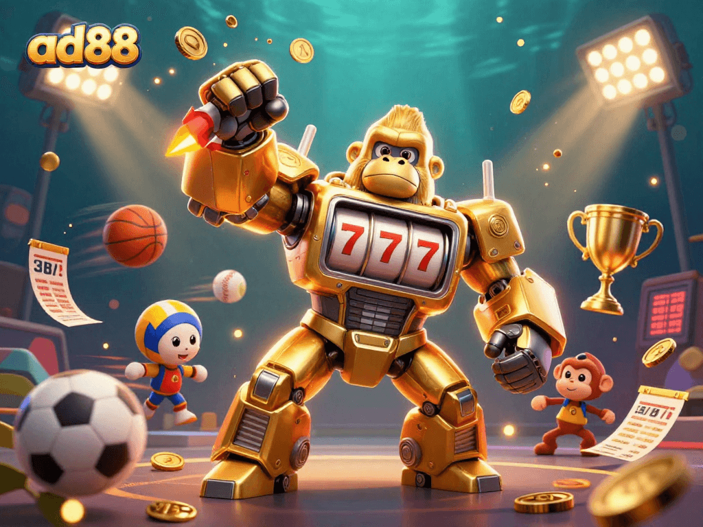 Experience excitement at ad88 with a dynamic scene featuring a golden gorilla mech amidst flying sports balls and gold coins.