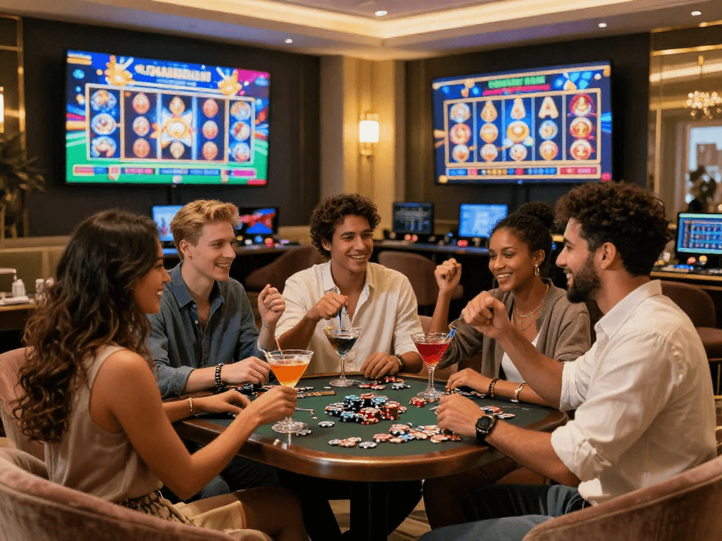Exciting TK999 online casino event with friends celebrating a sports betting victory in a luxurious setting.