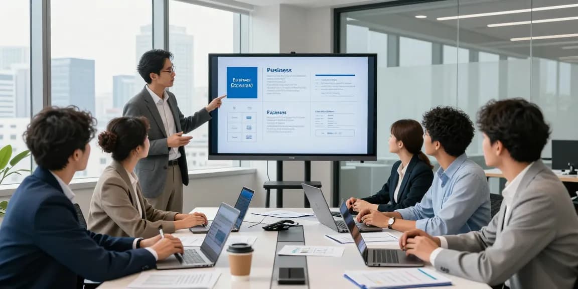 Team discussing business telephone plans in a modern office setting with laptops and a presentation screen.