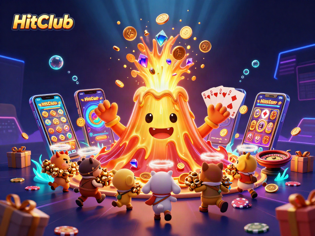 Spin to win with HitClub in vibrant 3D scene featuring golden volcano and casino elements.