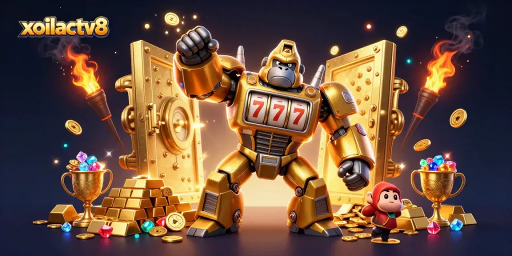 Experience excitement with xoilactv8's golden gorilla mech and vibrant treasure explosion