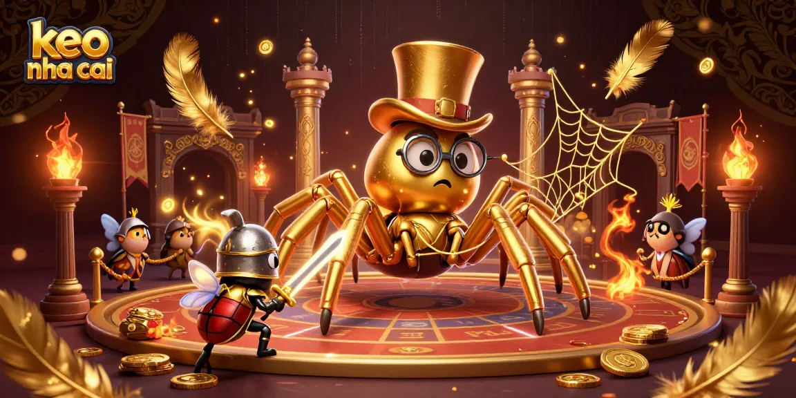 Bet on keo nha cai as a brave beetle knight approaches a golden tarantula in an enchanting casino scene.