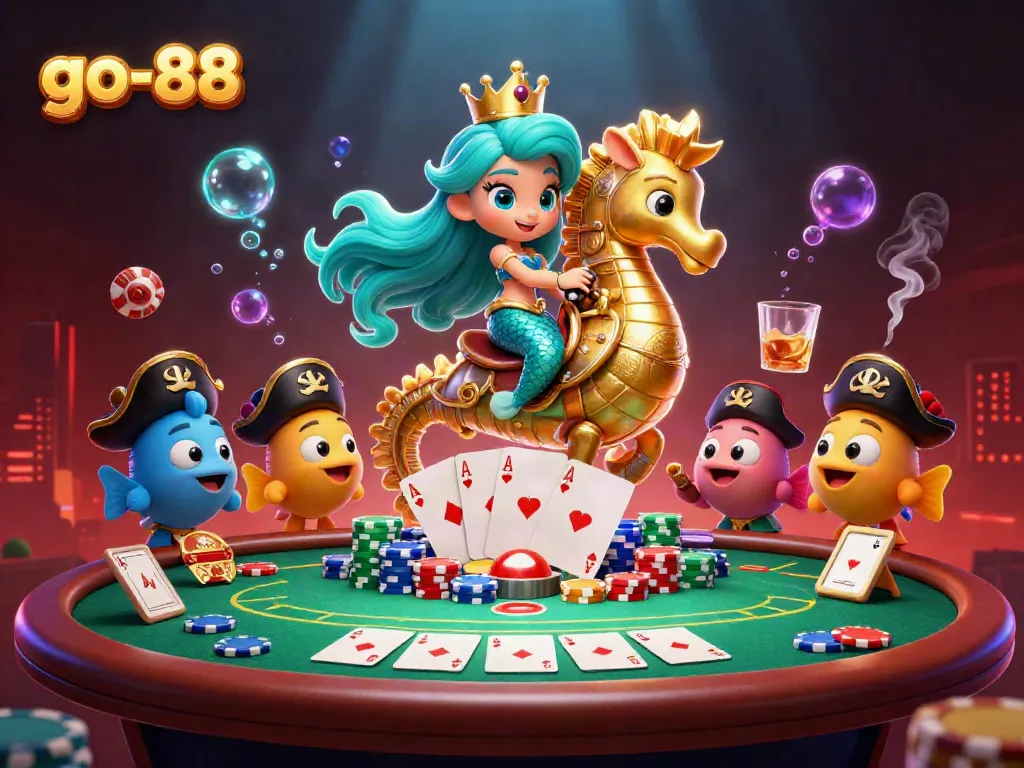 Win big with go-88: A vibrant underwater casino scene featuring a mermaid and poker elements.