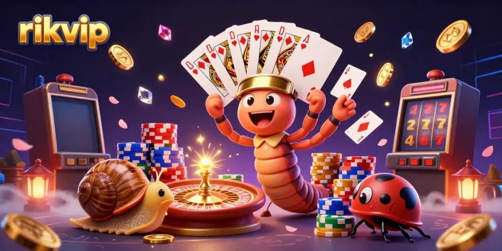 Experience thrilling gameplay at rikvip with our cartoon dealer and high-roller amidst sparkling treasures.