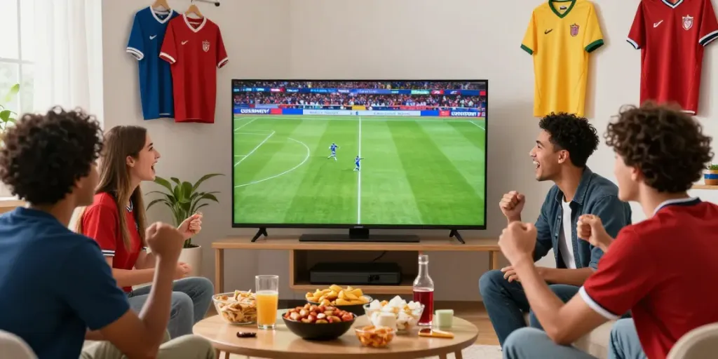 Friends enjoying a live soccer game on Gavangtv, celebrating with snacks.