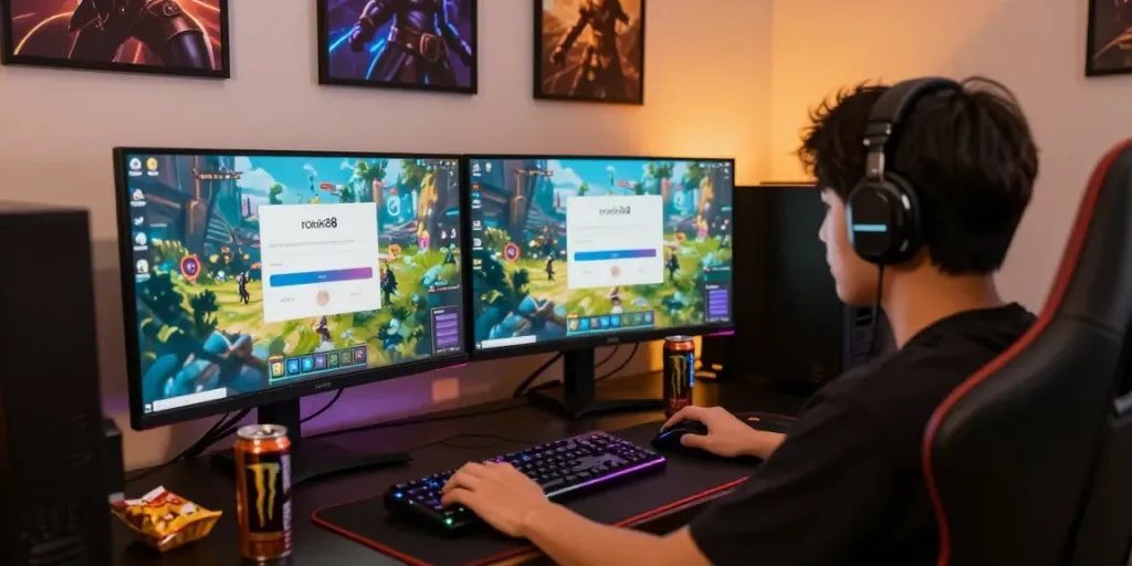rokok88 login interface in an immersive gaming setup with vibrant monitors and a dynamic atmosphere.