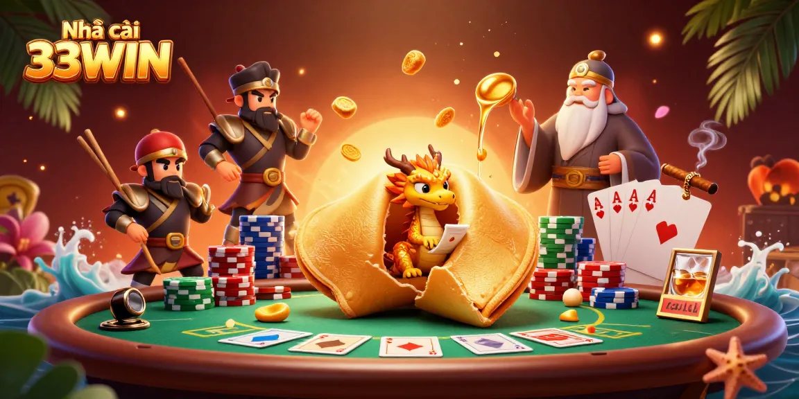Experience exciting games at Nhà cái 33WIN with a vivid 3D casino digital illustration showcasing epic characters and gaming elements.
