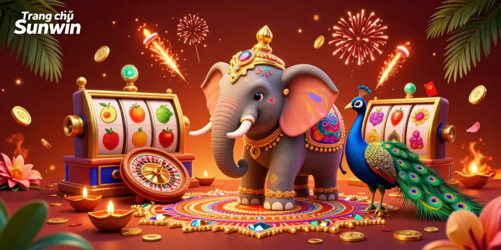 Experience the vibrant casino energy with Trang chủ Sunwin's Diwali-themed elephant and peacock in this colorful illustration.