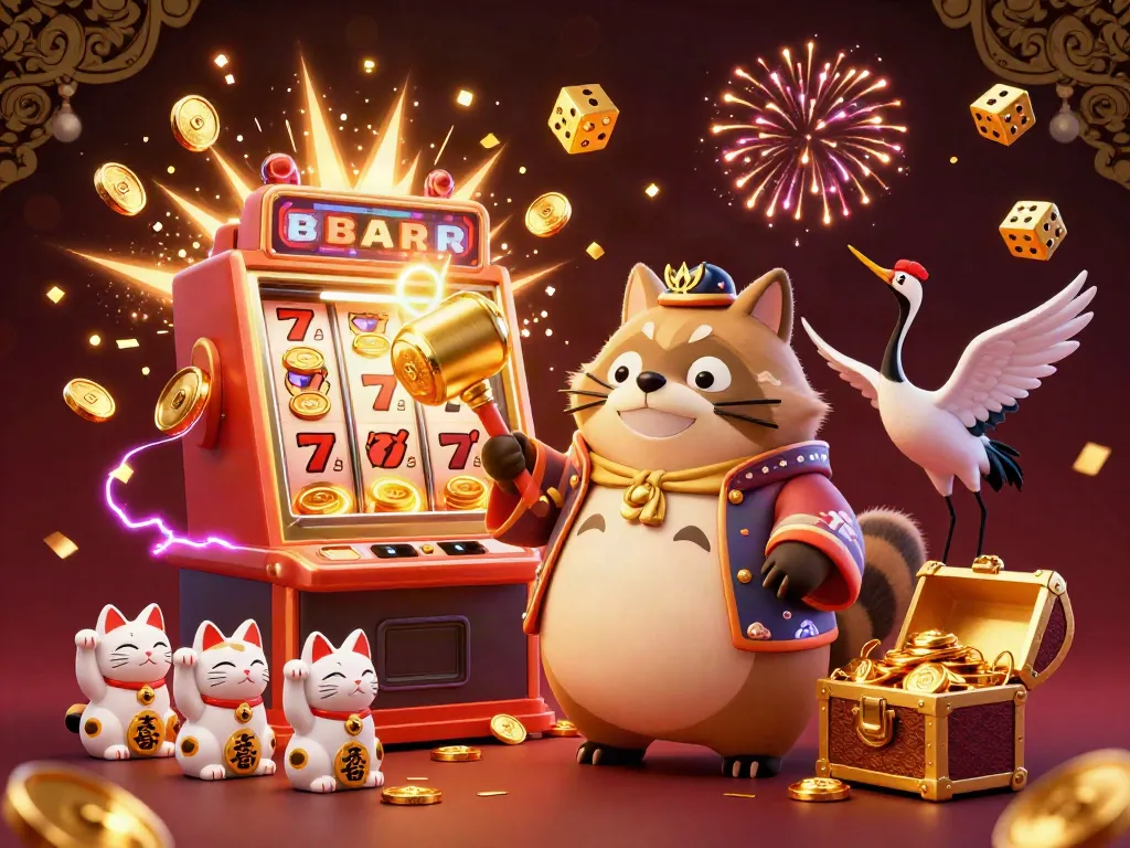 Experience the vibrant fun at nohuno, where a cheerful tanuki and crane promote a winning casino atmosphere.