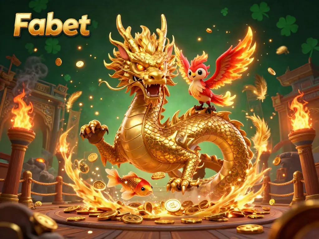 Experience exhilarating gaming adventures with Fabet, featuring a dragon and phoenix amidst sparkling coins.