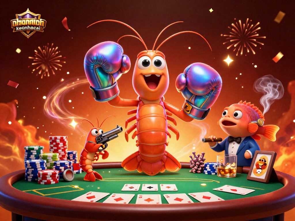 Engage with nhandinhkeonhacai in a lively poker battle featuring vibrant 3D sea creatures and casino elements.