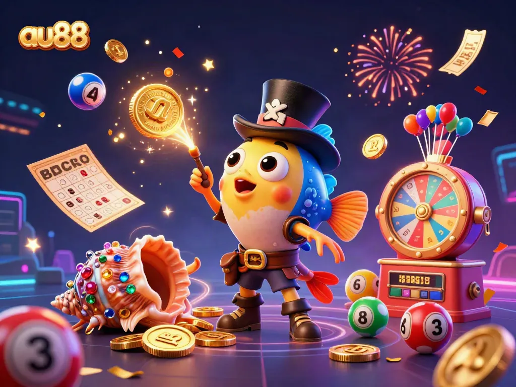 Engage in thrilling gameplay at au88 with a dynamic 3D scene of vibrant characters and casino elements.