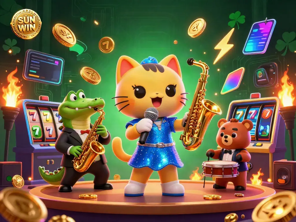 Experience the excitement of SUN WIN with a vibrant 3D casino scene featuring animated characters, slot reels, and glowing coins.