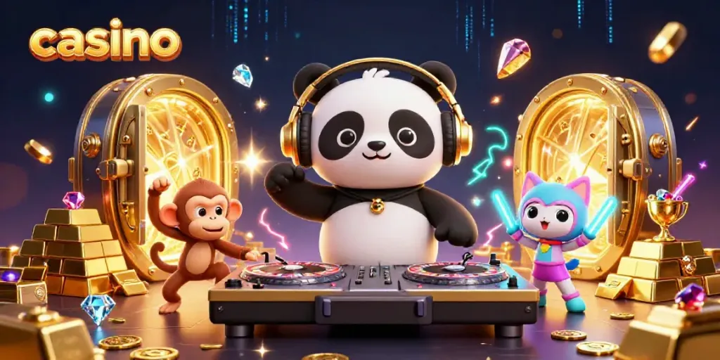 Engaging casino scene with a DJ panda and breakdancing monkey amidst a treasure backdrop