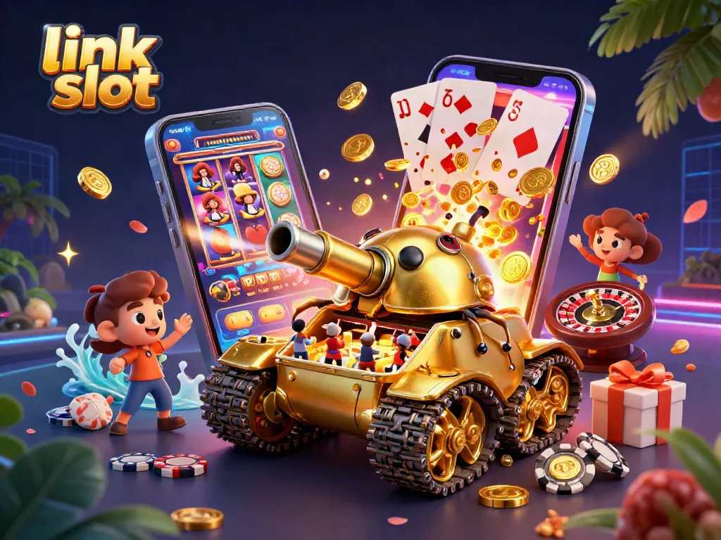 Win big with link slot in this vibrant 3D illustration showcasing a unique casino scene