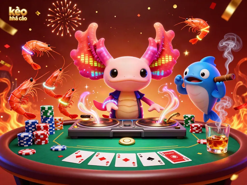 Engaging scene of kèo nhà cái with neon axolotl DJ spinning records surrounded by lively characters and poker elements.