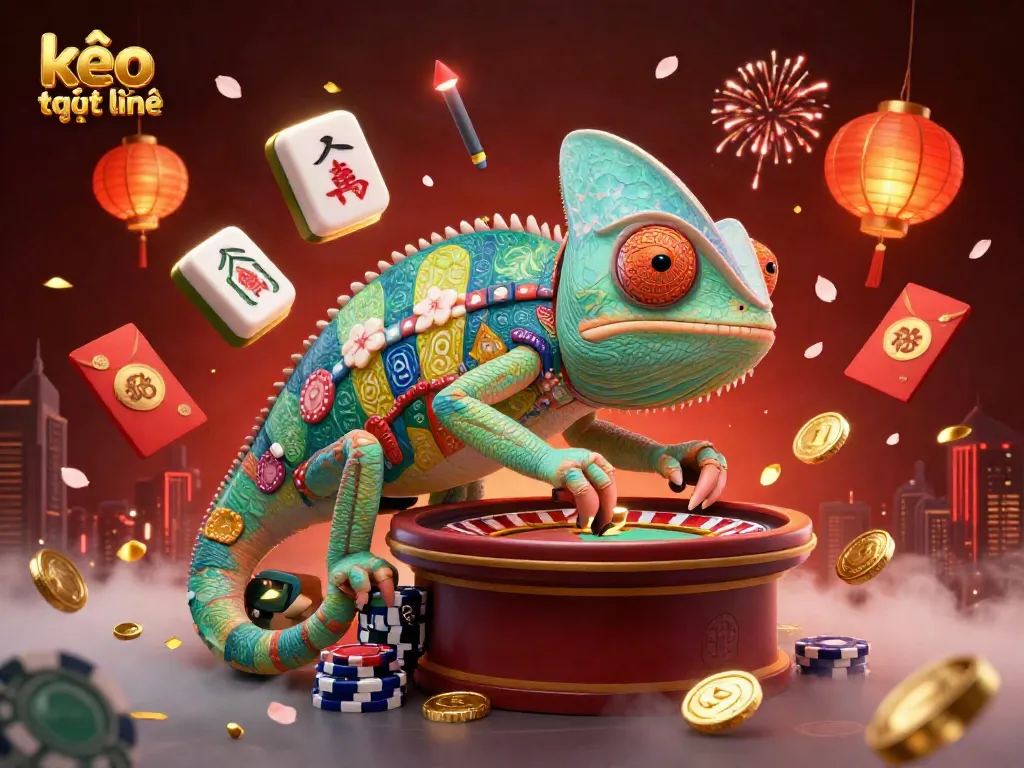 Experience kèo trực tuyến action with a colorful chameleon casino owner and vibrant game elements.