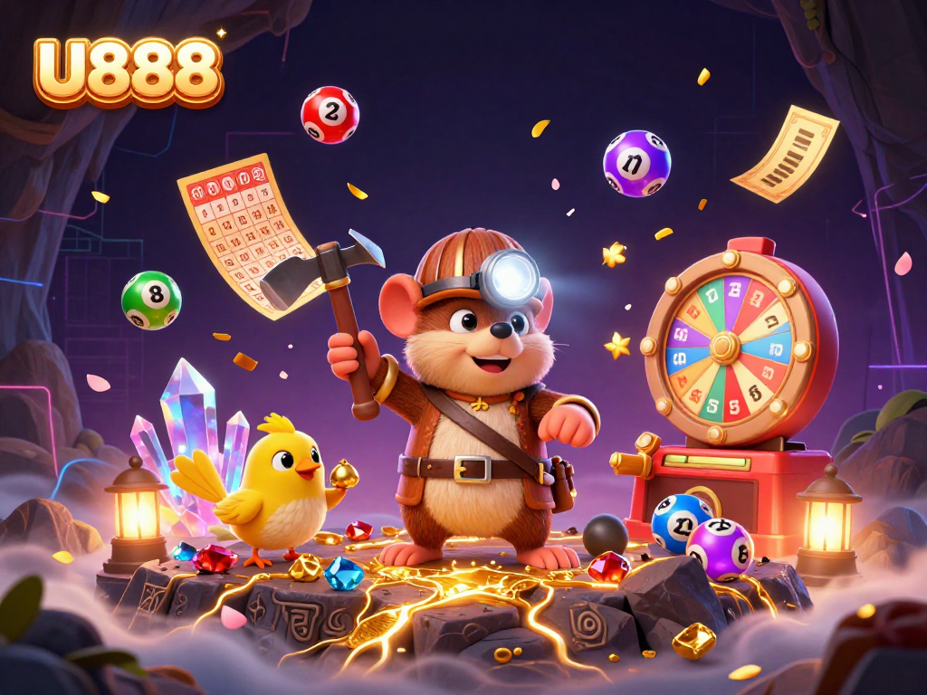U888 treasure hunter mole mining in a vibrant scene filled with lottery balls and prizes.