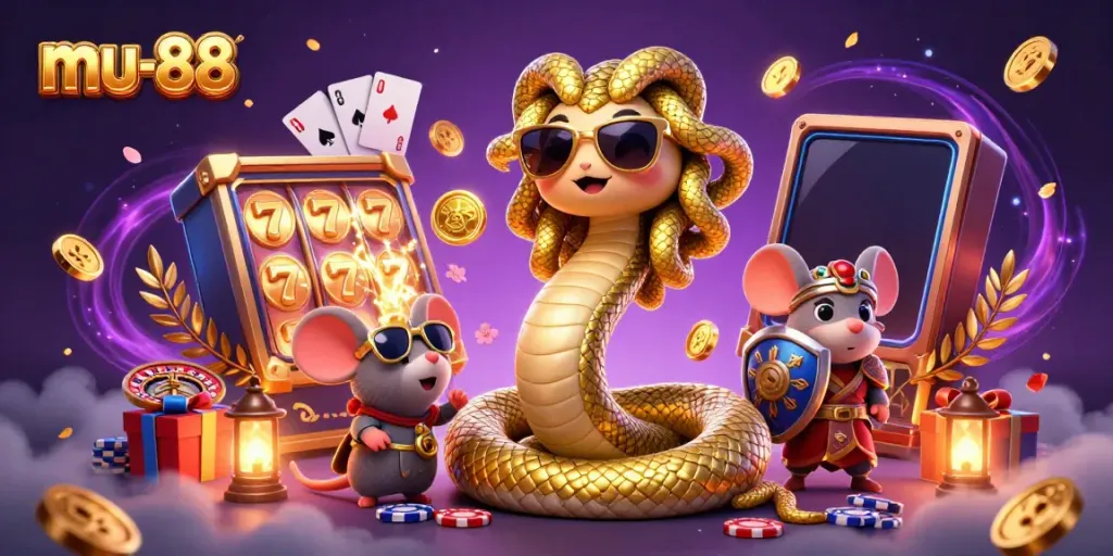 Spin the reels with mu-88's vibrant 3D casino scene, interactive gaming elements abound.