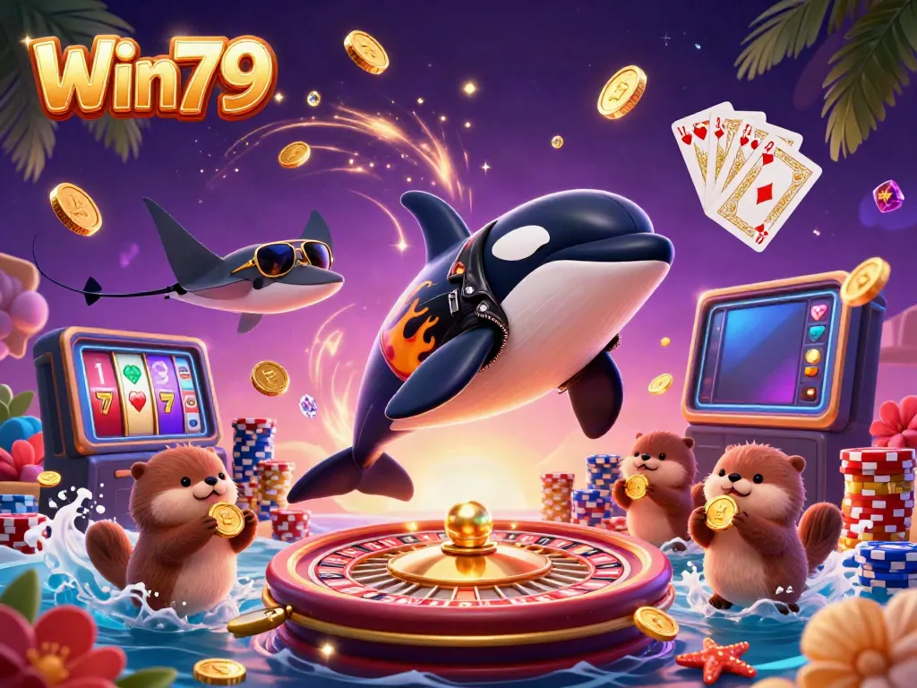 Win79 casino scene with an orca whale, stingray, and sea otters enjoying vibrant gaming elements.