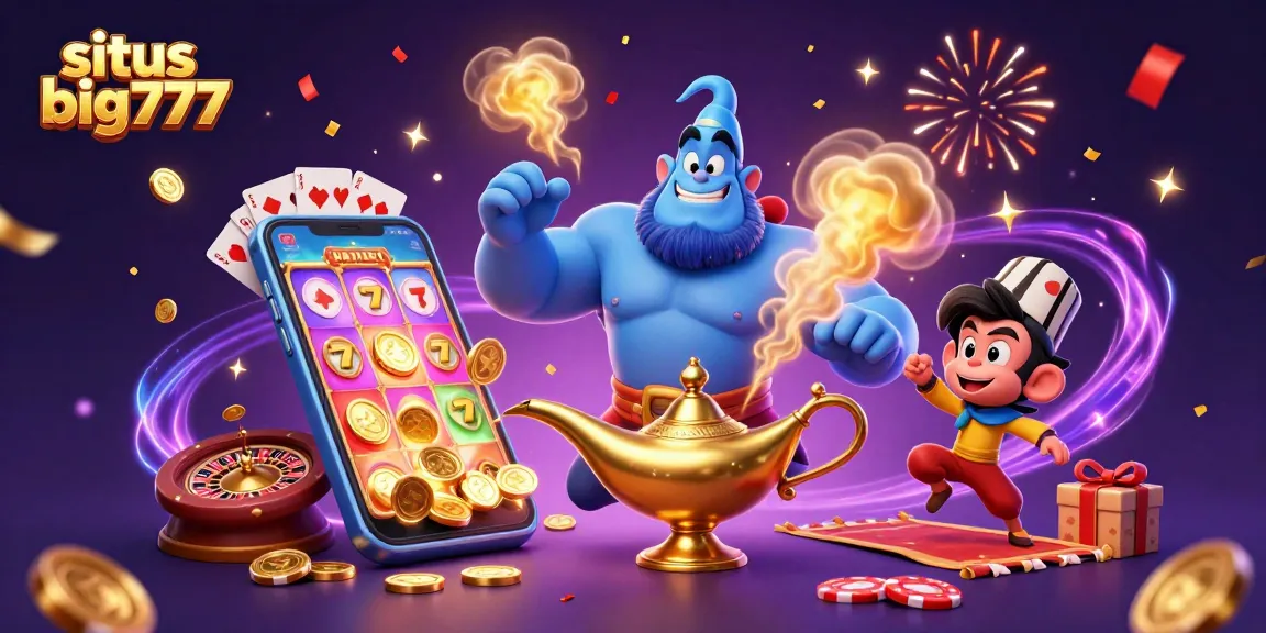 Sparkling slot game action awaits at situs big777 with a genie, monkey, and vibrant casino elements!