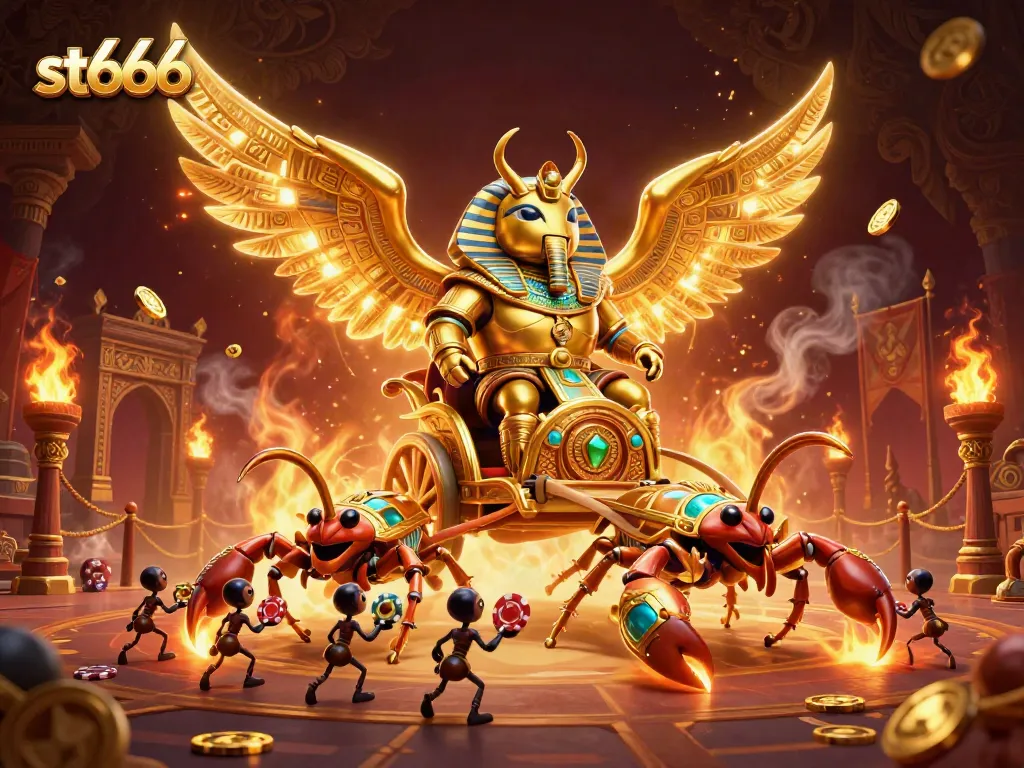 Bet on st666 with vibrant 3D casino illustration featuring a golden scarab beetle and poker chips.