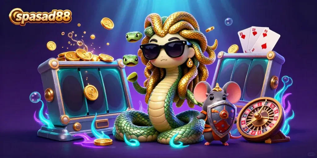 Experience the excitement with spasad88's vibrant slot games, featuring Medusa and a warrior mouse.
