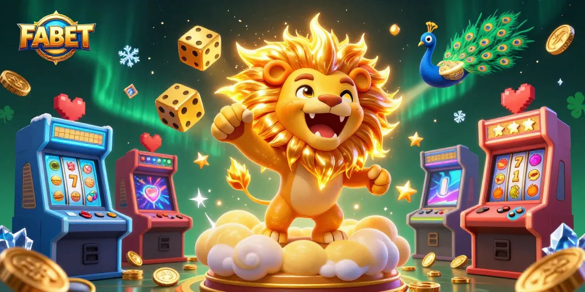 FABET slots scene featuring a roaring lion, golden dice, and arcade games in a vibrant casino atmosphere.
