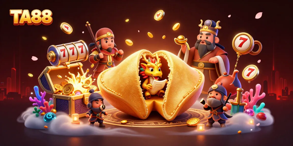 Play TA88 with a rich, vibrant illustration showcasing a dynamic casino scene of fortune cookie, dragon, and jackpots.