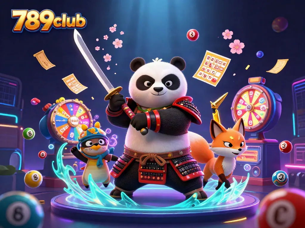 Engage in thrilling games at 789club with dynamic illustrations of samurai panda and themed lottery elements