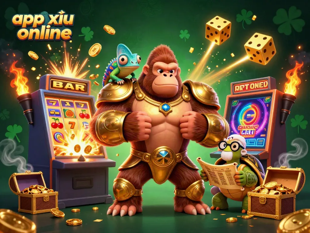 Experience thrilling moments with app tài xỉu online as the gorilla king, chameleon spy, and tortoise elder surrounded by casino elements.