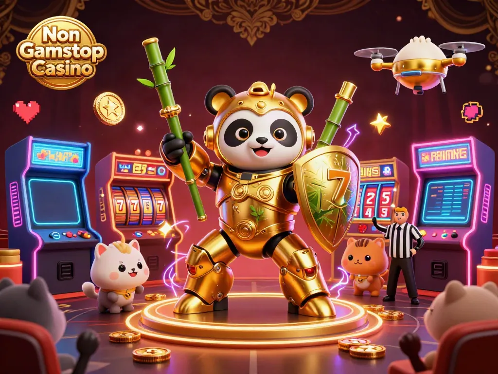 Experience the thrill of Non Gamstop Casino with a vibrant 3D illustration of a mech-suit panda in action!