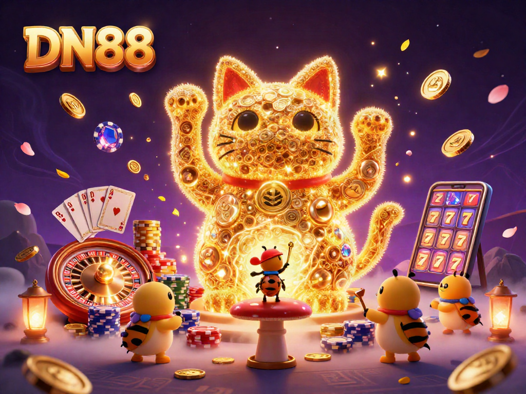 Win big with DN88 at this vibrant casino illustration featuring a lucky cat.