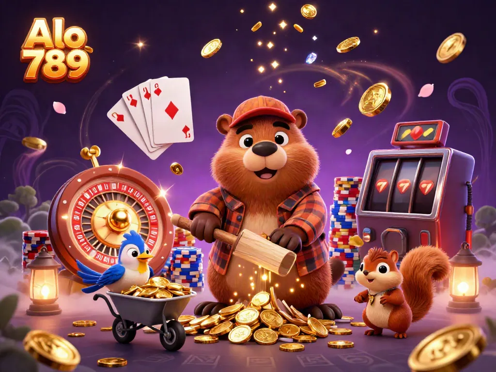 Alo 789 enhances your betting experience as the beaver collects gold coins amid casino excitement.
