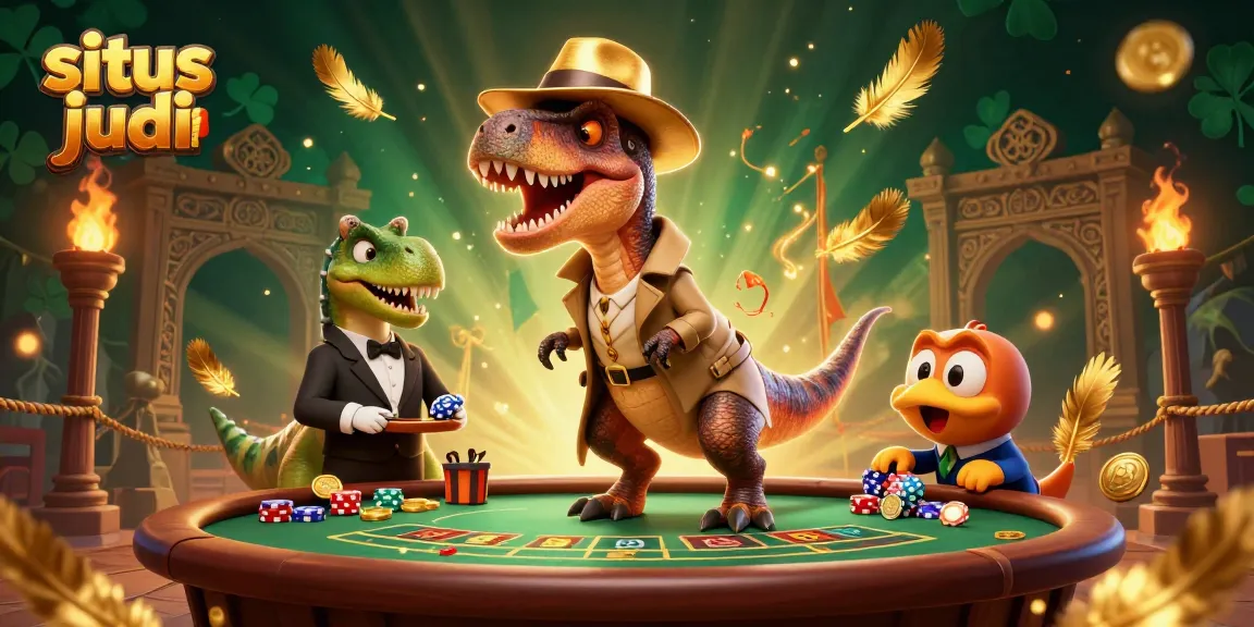 Experience strategic sports betting with situs judi bola, featuring a velociraptor at a blackjack table.