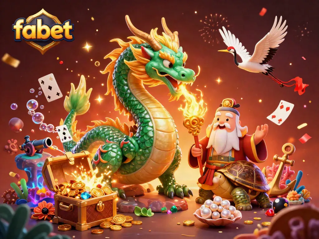 Experience the thrills of fabet with a vivid 3D dragon and mythical characters amidst gold and gems.