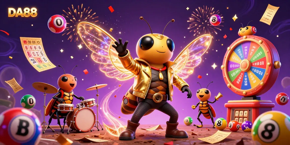 Experience the excitement of DA88 with a vibrant 3D casino scene featuring animated characters and lottery elements.