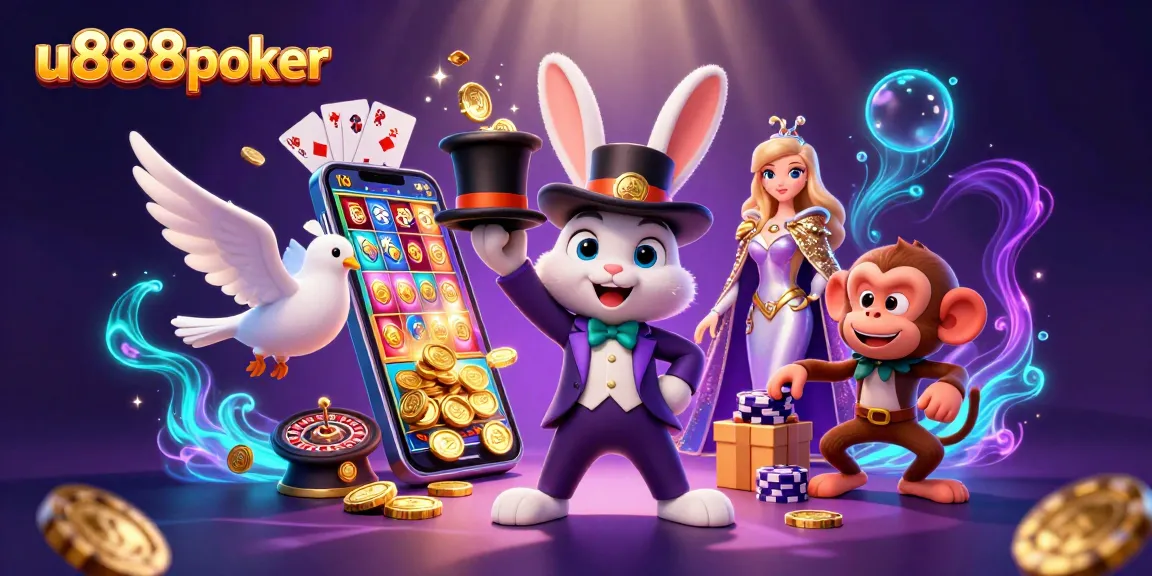 Play thrilling games at u888poker with a magical scene of a rabbit, dove, and monkey surrounded by vibrant casino elements.