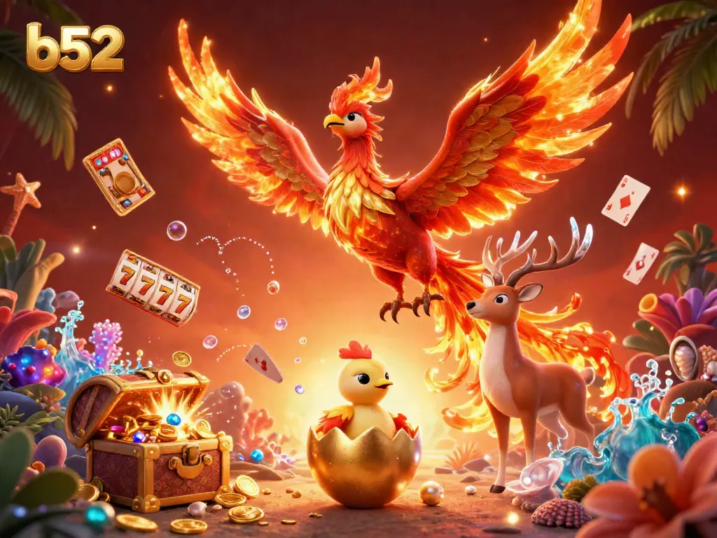 Engage with the thrilling world of b52 casino games, featuring a blazing phoenix and vibrant scenes of slot action.