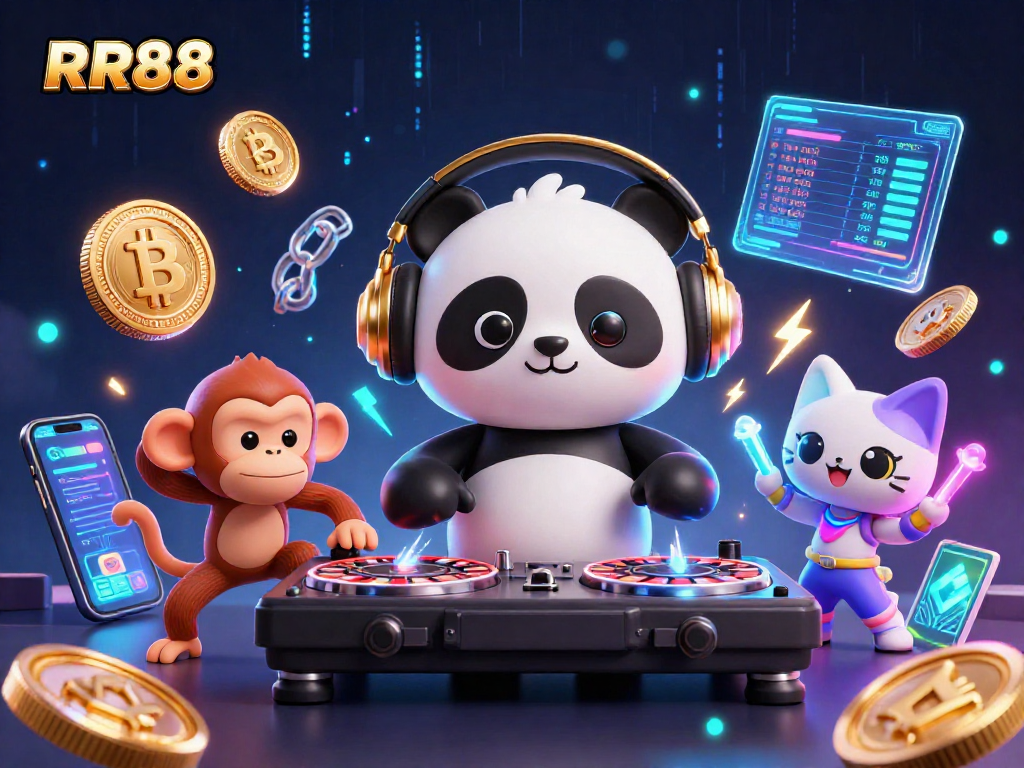 Experience the thrill of RR88 adventure with DJ panda, monkey, and kitten celebrating in a vibrant casino scene.