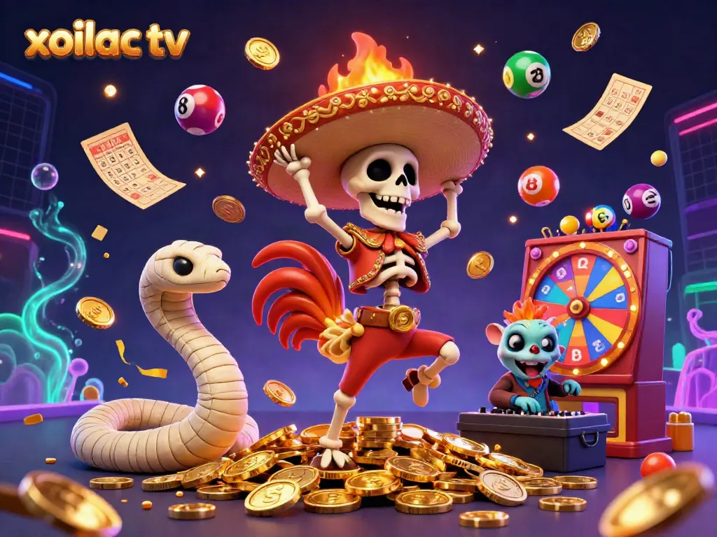 Xoilac TV animated characters immerse in casino fun with lottery and bingo elements.