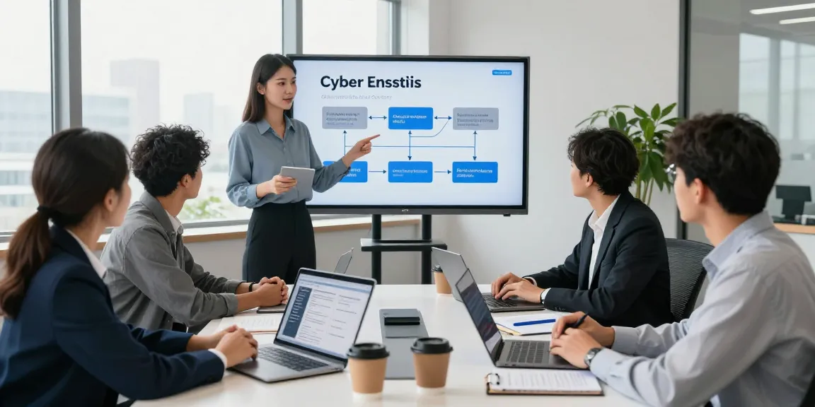 Team discussing Cyber Essentials cost in a modern office setting, emphasizing cybersecurity certification.