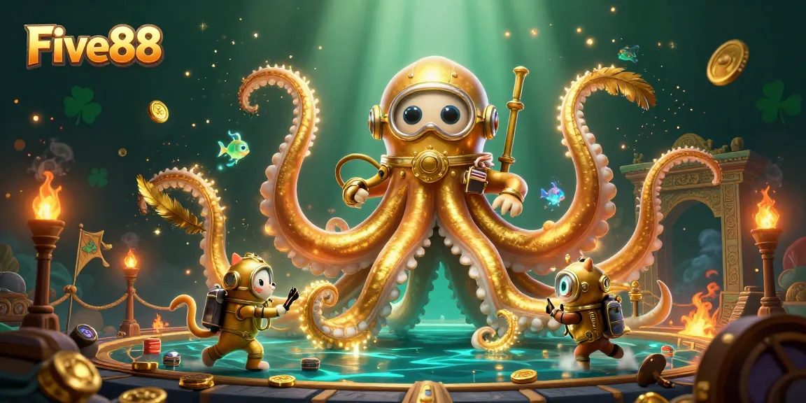 Join the thrill of Five88 casino with vibrant gaming elements beneath a colossal kraken.