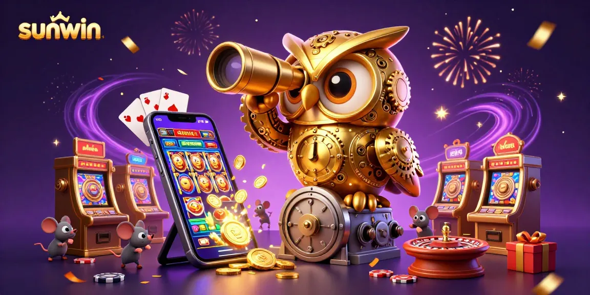 Experience the thrill of sunwin with a golden owl observing a bustling casino scene filled with wind-up mice and gaming action.