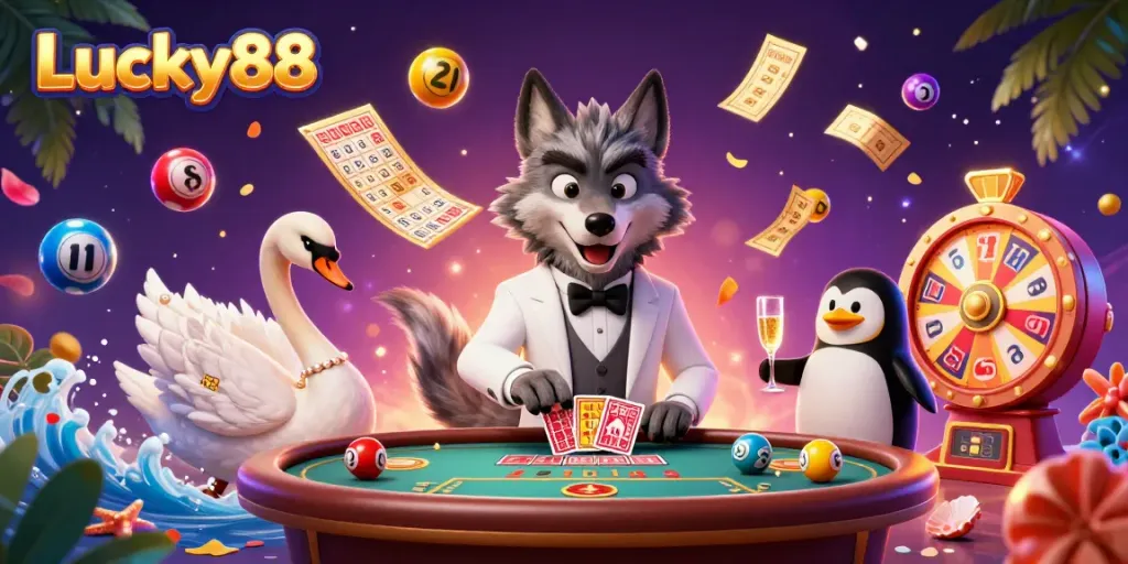 Experience the excitement of Lucky88 with a lively casino scene showcasing a debonair wolf and elegant swan.